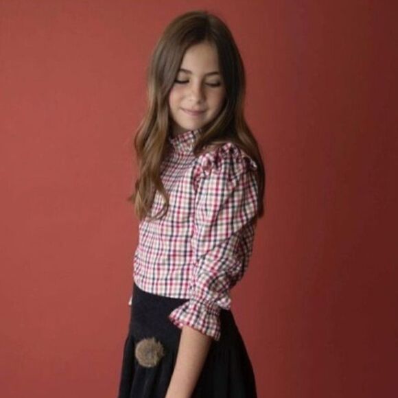 Mi Pequeña Tribu Red Checked Plaid Ruffle Long Sleeve Top Size 10 - Picture 1 of 7